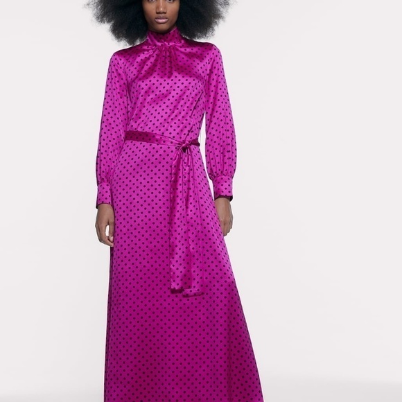 NWT ZARA POLKA DOT FUCHSIA SMALL DATE NIGHT MIDI DRESS - Picture 4 of 8